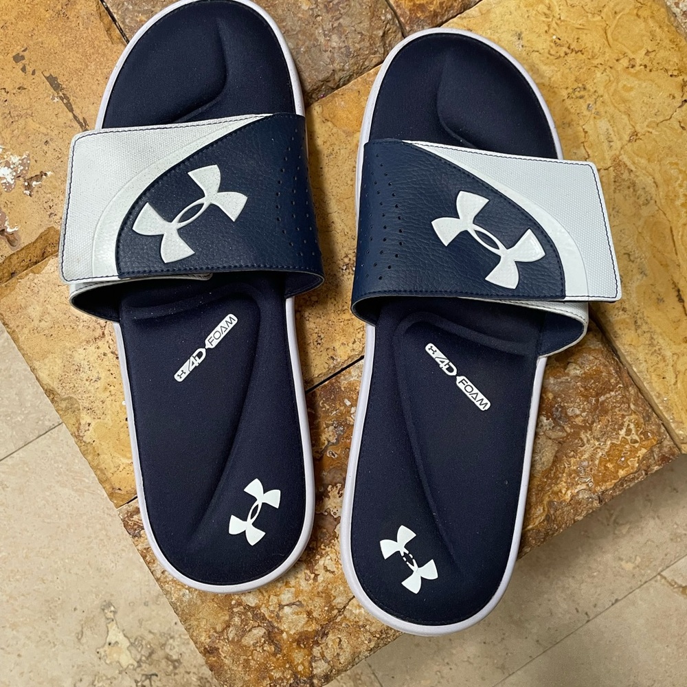 Under Armour Dark Blue and White Slides